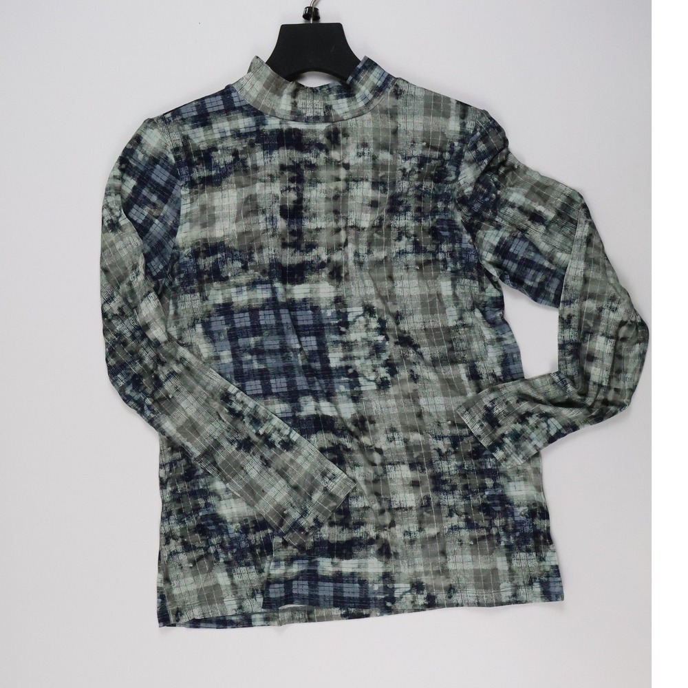 Sunday by Godske Mock Neck Top Abstract Plaid Blue Green Medium NWT